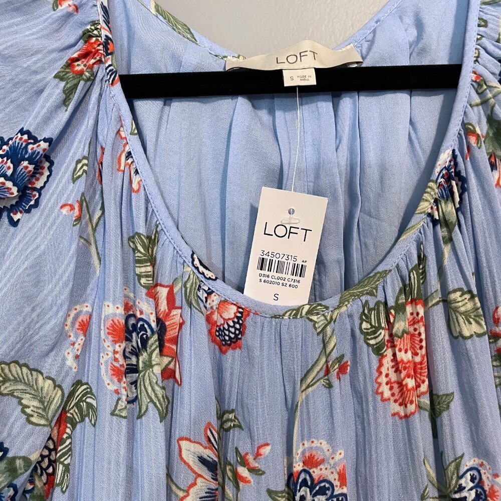Last Call! New Loft Floral Rayon Tiered Puff Sleeve Midi Dress Blue Small - Picture 4 of 7